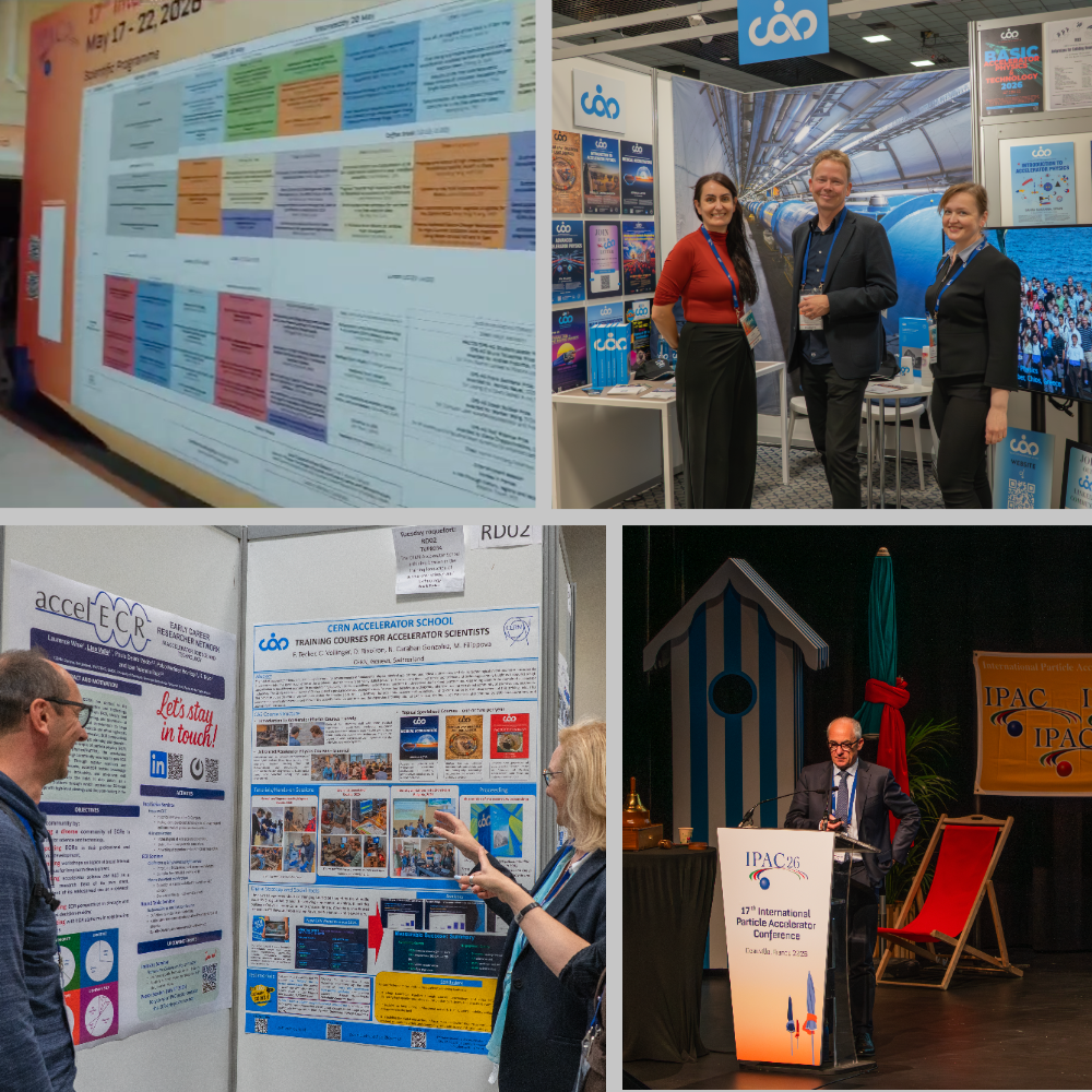 IPAC26 program, CAS booth, CAS poster presentation and Mark Thomson, CERN’s Director General on a talk during the conference sessions. 